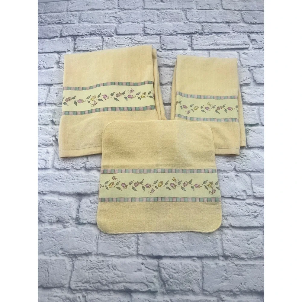 Collections Etc Yellow Floral Tulip 3 Piece Bath Towel Set Decorative Cotton